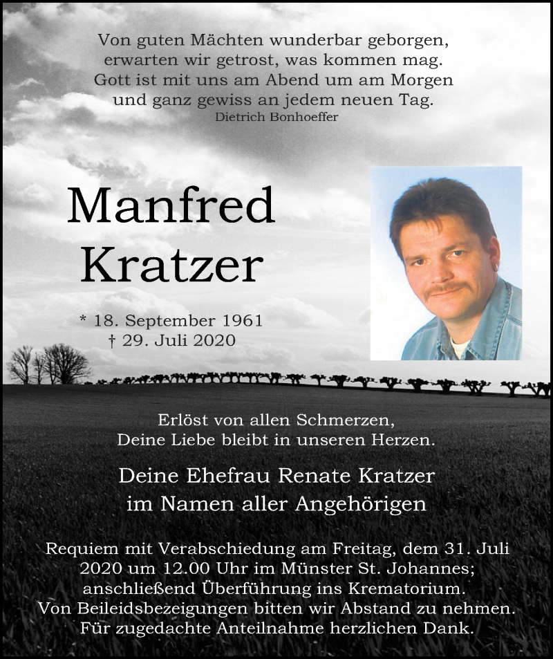  Traueranzeige für Manfred Kratzer vom 30.07.2020 aus Neumarkter Tagblatt