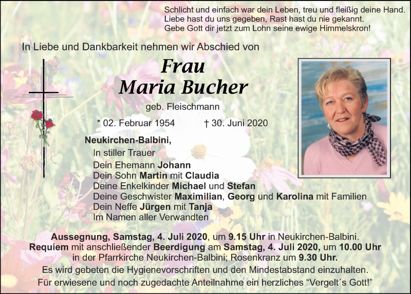  Traueranzeige für Maria Bucher vom 03.07.2020 aus Mittelbayerische Zeitung Schwandorf
