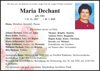 Traueranzeige von Maria Dechant von Mittelbayerische Zeitung Schwandorf