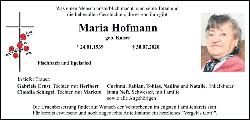  Traueranzeige für Maria Hofmann vom 01.08.2020 aus Mittelbayerische Zeitung Schwandorf