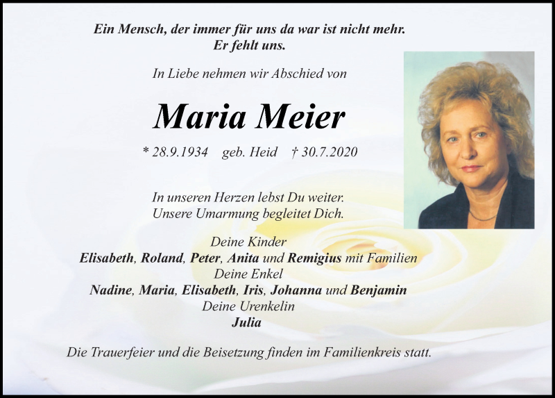 Traueranzeige für Maria Meier vom 01.08.2020 aus Neumarkter Tagblatt