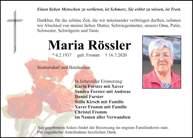  Traueranzeige für Maria Rössler vom 22.07.2020 aus Neumarkter Tagblatt