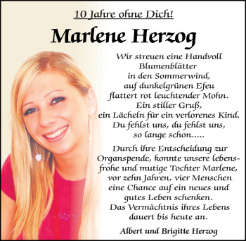 Traueranzeige von Marlene Herzog von Mittelbayerische Zeitung Regensburg