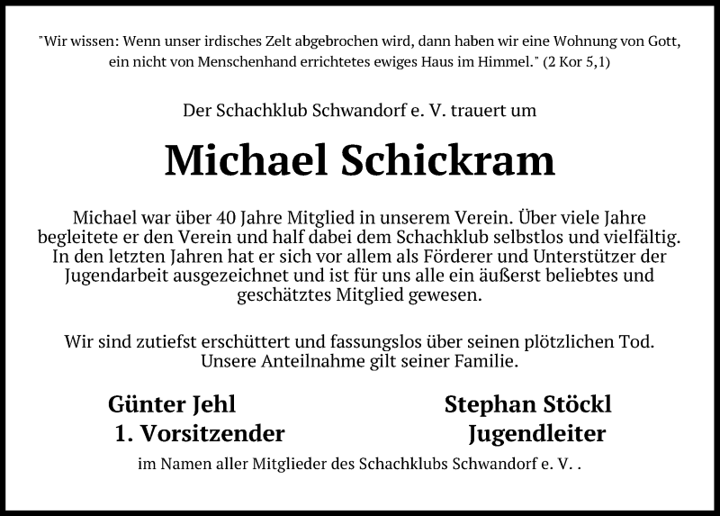  Traueranzeige für Michael Schickram vom 18.07.2020 aus Mittelbayerische Zeitung Schwandorf