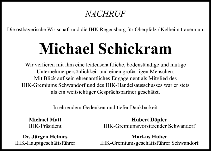  Traueranzeige für Michael Schickram vom 15.07.2020 aus Mittelbayerische Zeitung Schwandorf