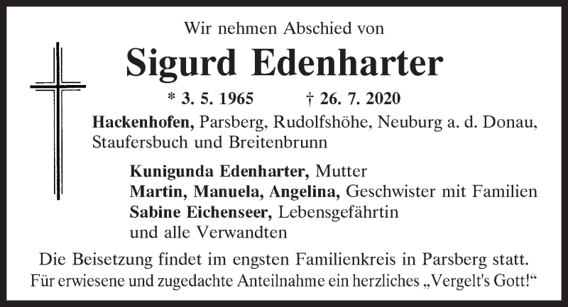  Traueranzeige für Sigurd Edenharter vom 28.07.2020 aus Neumarkter Tagblatt