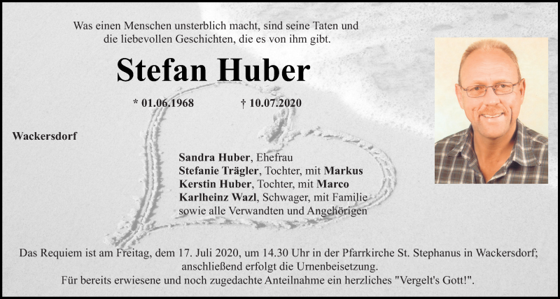  Traueranzeige für Stefan Huber vom 14.07.2020 aus Mittelbayerische Zeitung Schwandorf