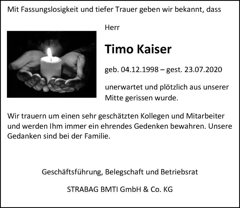  Traueranzeige für Timo Kaiser vom 01.08.2020 aus Mittelbayerische Zeitung Regensburg