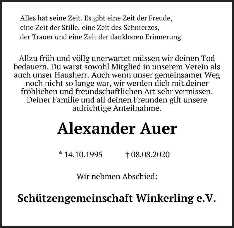  Traueranzeige für Alexander Auer vom 22.08.2020 aus Mittelbayerische Zeitung Regensburg