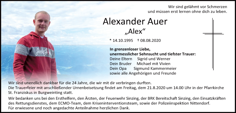  Traueranzeige für Alexander Auer vom 14.08.2020 aus Mittelbayerische Zeitung Regensburg