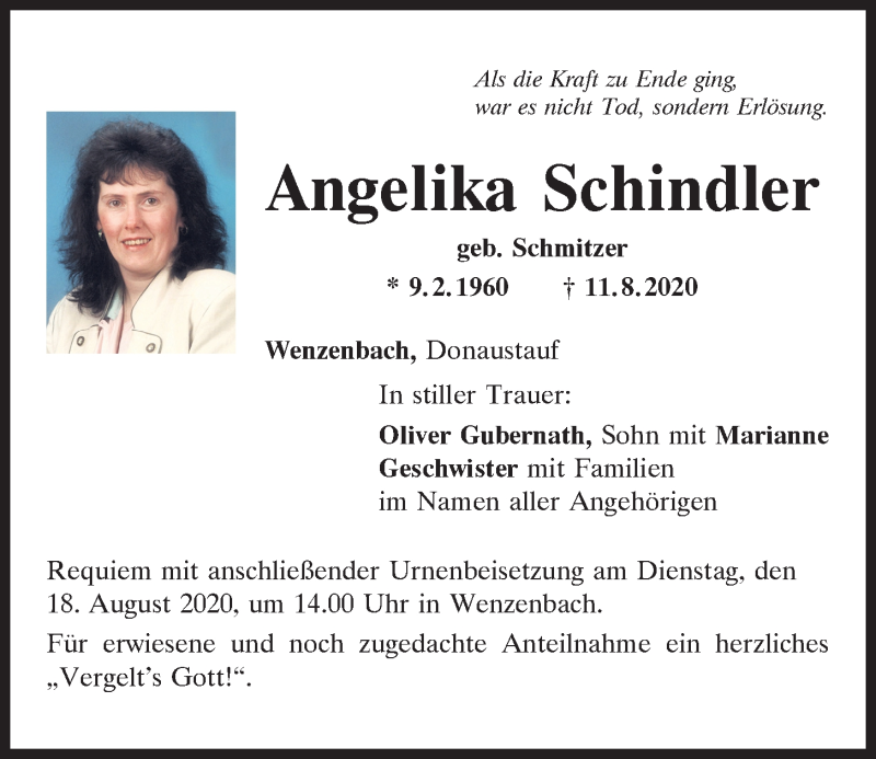  Traueranzeige für Angelika Schindler vom 14.08.2020 aus Mittelbayerische Zeitung Regensburg