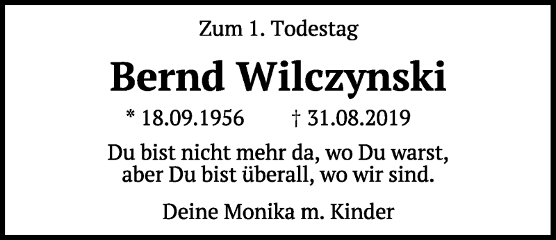  Traueranzeige für Bernd Wilczynski vom 31.08.2020 aus Mittelbayerische Zeitung Regensburg