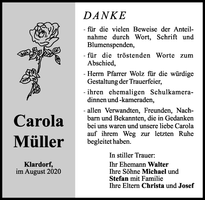  Traueranzeige für Carola Müller vom 11.08.2020 aus Mittelbayerische Zeitung Schwandorf