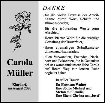 Traueranzeige von Carola Müller von Mittelbayerische Zeitung Schwandorf