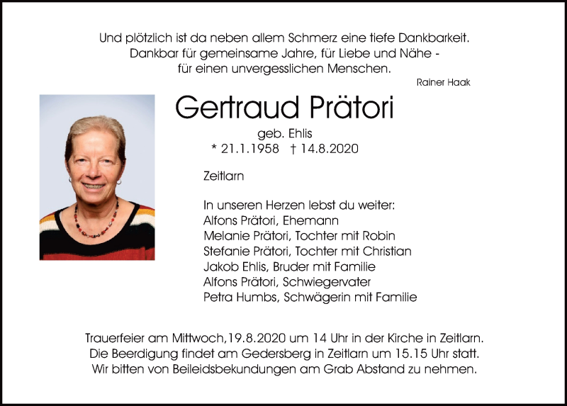  Traueranzeige für Gertraud Prätori vom 19.08.2020 aus Mittelbayerische Zeitung Regensburg