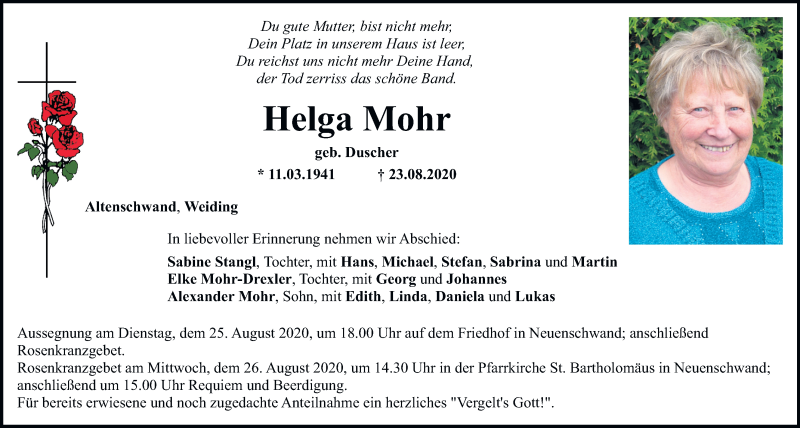  Traueranzeige für Helga Mohr vom 25.08.2020 aus Mittelbayerische Zeitung Schwandorf