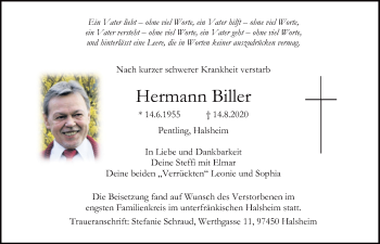 Traueranzeige von Hermann Biller von Mittelbayerische Zeitung Regensburg