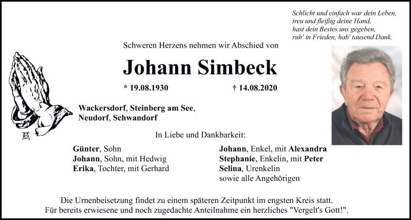  Traueranzeige für Johann Simbeck vom 20.08.2020 aus Mittelbayerische Zeitung Schwandorf