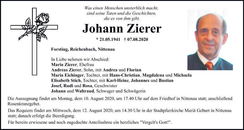  Traueranzeige für Johann Zierer vom 10.08.2020 aus Mittelbayerische Zeitung Schwandorf