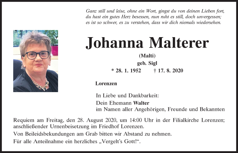  Traueranzeige für Johanna Malterer vom 22.08.2020 aus Mittelbayerische Zeitung Regensburg