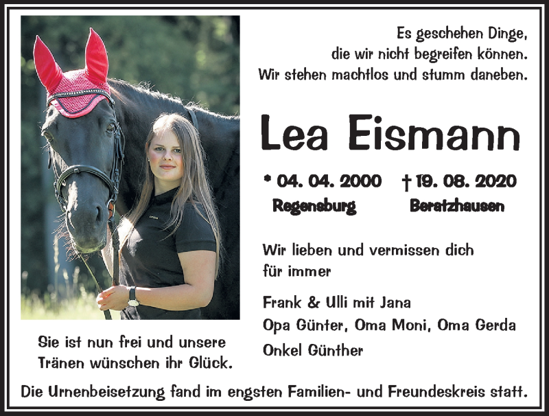  Traueranzeige für Lea Eismann vom 28.08.2020 aus Mittelbayerische Zeitung Regensburg