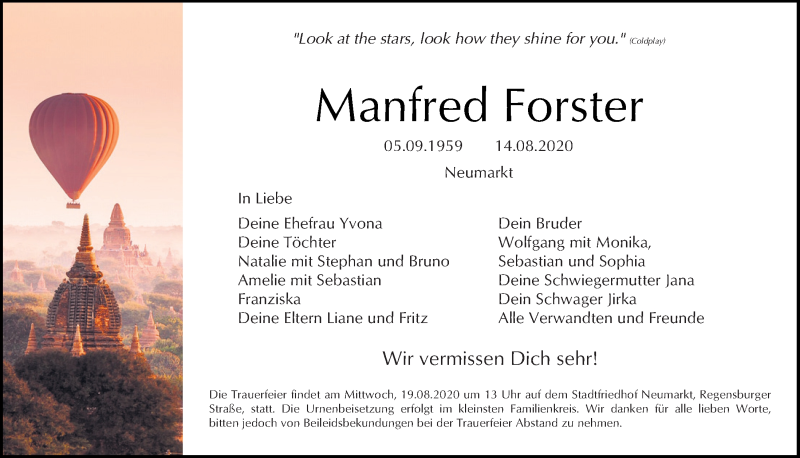  Traueranzeige für Manfred Forster vom 18.08.2020 aus Neumarkter Tagblatt