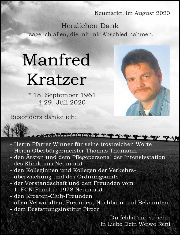  Traueranzeige für Manfred Kratzer vom 14.08.2020 aus Neumarkter Tagblatt