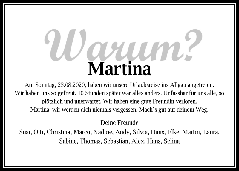  Traueranzeige für Martina Rauch vom 01.09.2020 aus Mittelbayerische Zeitung Schwandorf