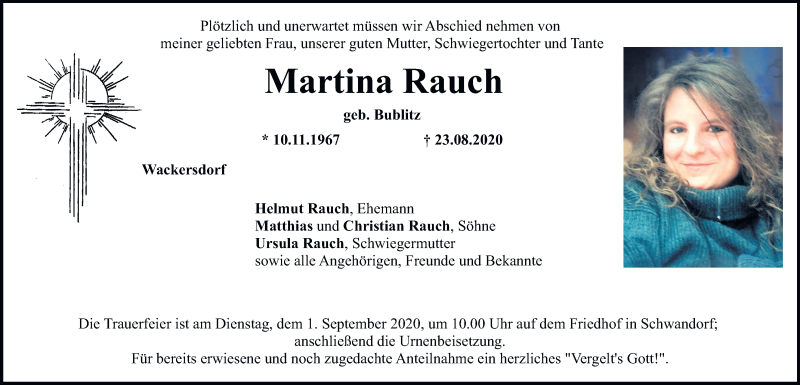  Traueranzeige für Martina Rauch vom 26.08.2020 aus Mittelbayerische Zeitung Schwandorf