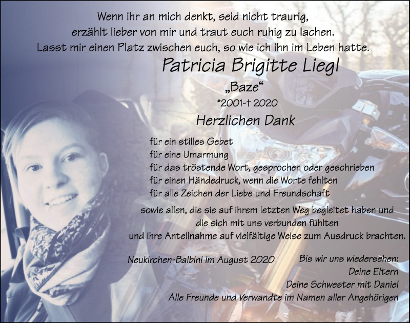  Traueranzeige für Patricia Brigitte Liegl vom 22.08.2020 aus Mittelbayerische Zeitung Schwandorf