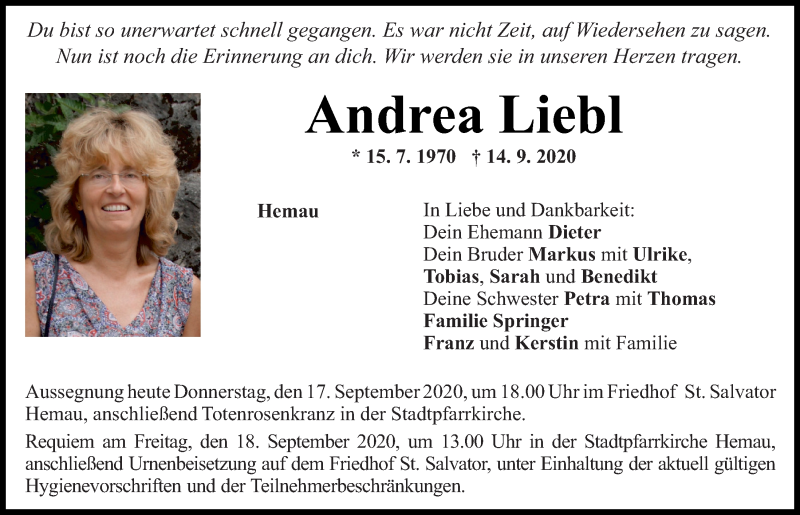  Traueranzeige für Andrea Liebl vom 17.09.2020 aus Mittelbayerische Zeitung Regensburg