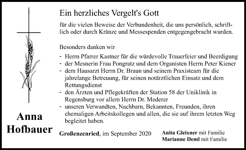  Traueranzeige für Anna Hofbauer vom 30.09.2020 aus Bayerwald Echo