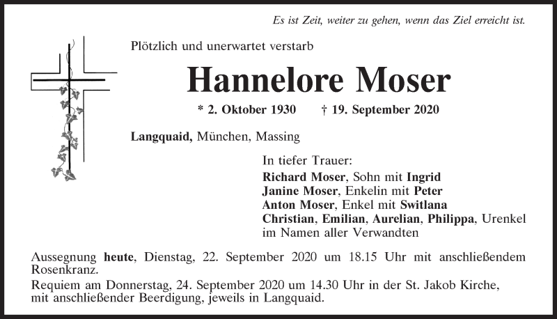  Traueranzeige für Hannelore Moser vom 22.09.2020 aus Mittelbayerische Zeitung Kelheim