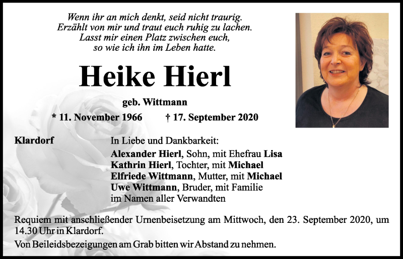  Traueranzeige für Heike Hierl vom 19.09.2020 aus Mittelbayerische Zeitung Schwandorf