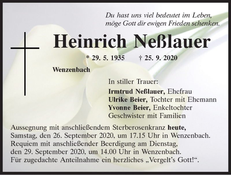  Traueranzeige für Heinrich Neßlauer vom 26.09.2020 aus Mittelbayerische Zeitung Regensburg