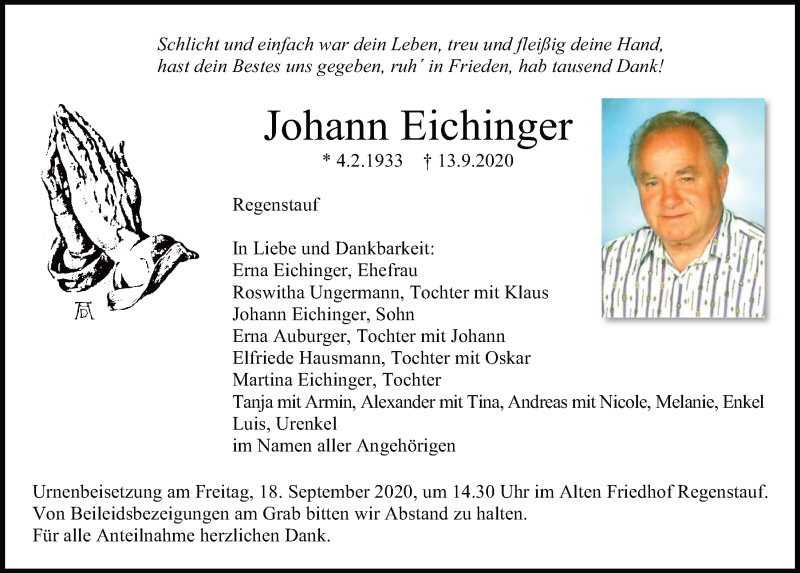  Traueranzeige für Johann Eichinger vom 15.09.2020 aus Mittelbayerische Zeitung Regensburg