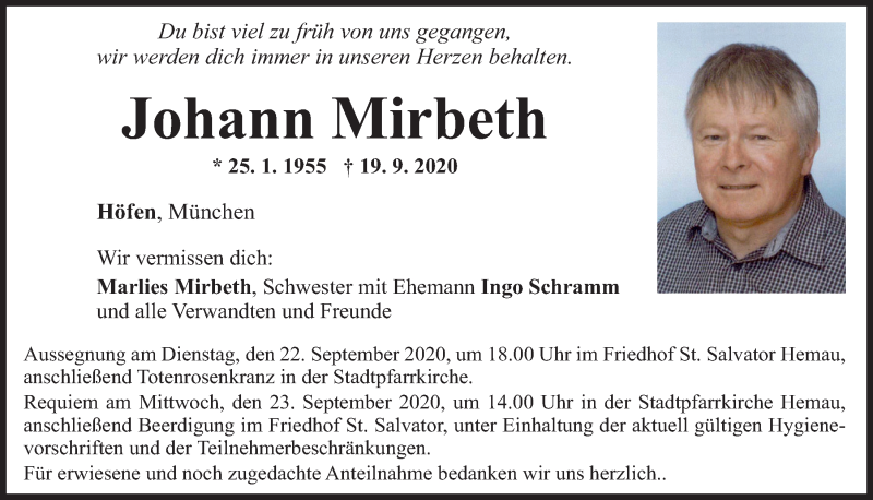  Traueranzeige für Johann Mirbeth vom 21.09.2020 aus Mittelbayerische Zeitung Regensburg
