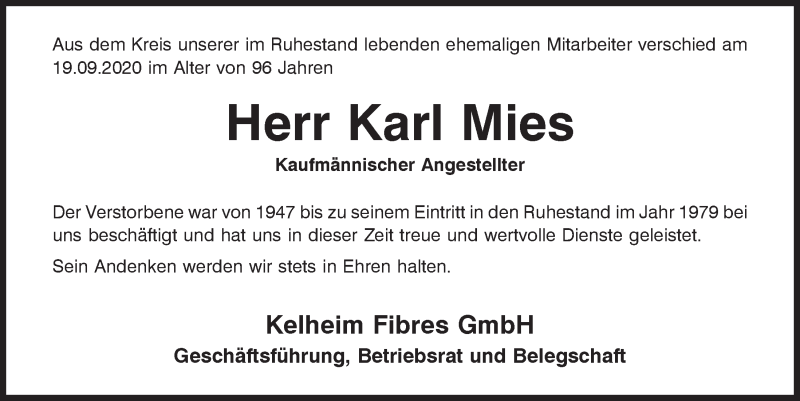  Traueranzeige für Karl Mies vom 01.10.2020 aus Mittelbayerische Zeitung Kelheim
