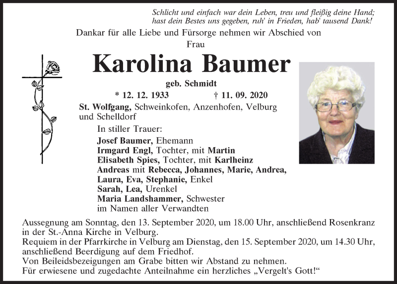  Traueranzeige für Karolina Baumer vom 12.09.2020 aus Neumarkter Tagblatt