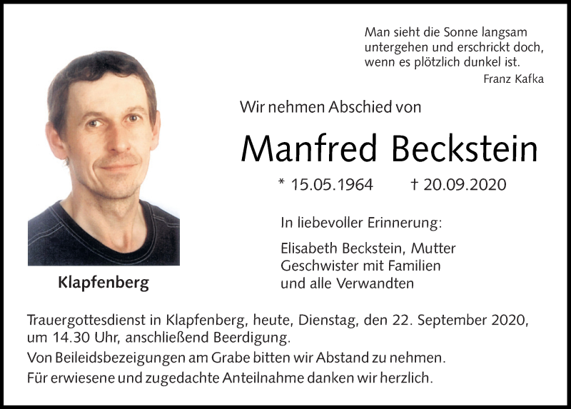  Traueranzeige für Manfred Beckstein vom 22.09.2020 aus Neumarkter Tagblatt