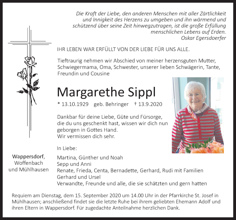  Traueranzeige für Margarethe Sippl vom 14.09.2020 aus Neumarkter Tagblatt