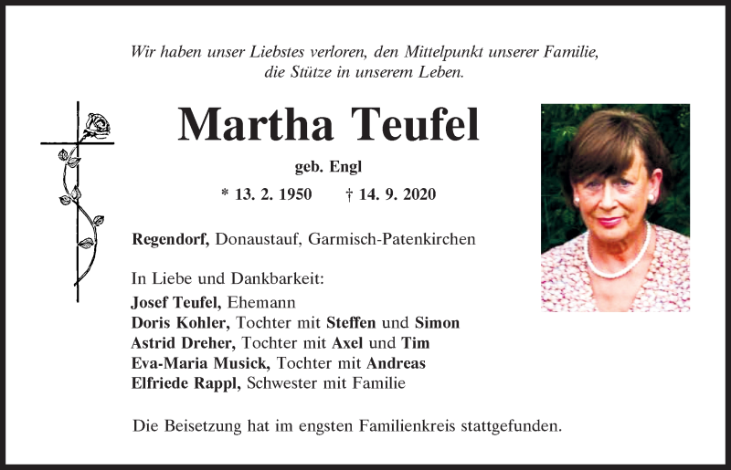  Traueranzeige für Martha Teufel vom 19.09.2020 aus Mittelbayerische Zeitung Regensburg