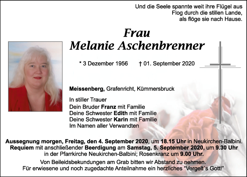  Traueranzeige für Melanie Aschenbrenner vom 03.09.2020 aus Mittelbayerische Zeitung Schwandorf