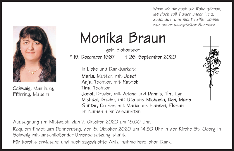  Traueranzeige für Monika Braun vom 01.10.2020 aus Mittelbayerische Zeitung Kelheim