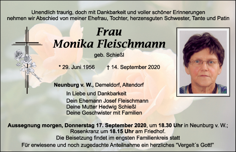 Traueranzeige für Monika Fleischmann vom 16.09.2020 aus Mittelbayerische Zeitung Schwandorf