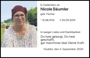 Traueranzeige von Nicole Bäumler von Mittelbayerische Zeitung Schwandorf