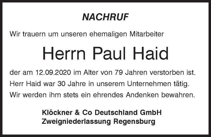  Traueranzeige für Paul Haid vom 26.09.2020 aus Mittelbayerische Zeitung Regensburg