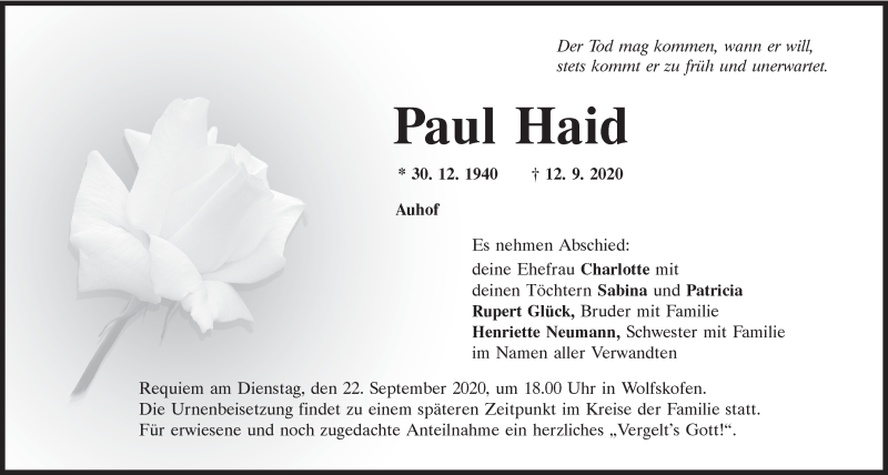  Traueranzeige für Paul Haid vom 19.09.2020 aus Mittelbayerische Zeitung Regensburg