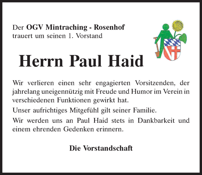  Traueranzeige für Paul Haid vom 19.09.2020 aus Mittelbayerische Zeitung Regensburg