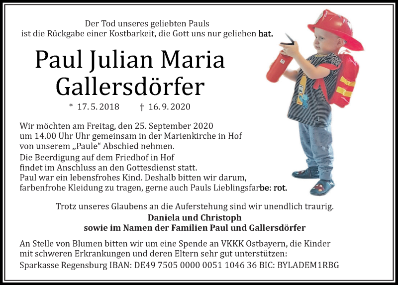  Traueranzeige für Paul Julian Maria Gallersdörfer vom 23.09.2020 aus Mittelbayerische Zeitung Regensburg